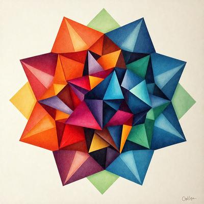 The primary subject of the image is a colorful geometric pattern, which is a combination of different shapes and colors. The setting is a white background, which provides a clean and uncluttered look to the pattern. The visual style of the image is a digital art or illustration, as it is a well-crafted and intricate design. The dominant colors in the pattern are orange, blue, green, and purple, creating a vibrant and lively atmosphere.